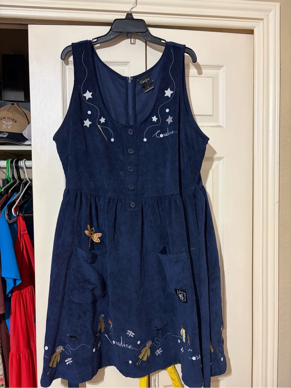 Navy Embroidered Sleeveless Corduroy Dress